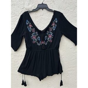 Rebellion Black Embroidered Floral Boho Romper Tassel Elastic Waist Large